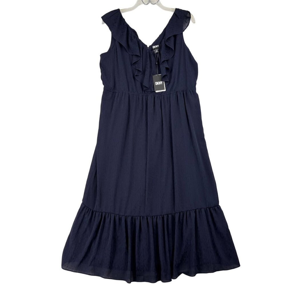 DKNY Tiered Midi Dress Womens Size 16 Navy Blue Ruffle V-Neck Sleeveless Lined